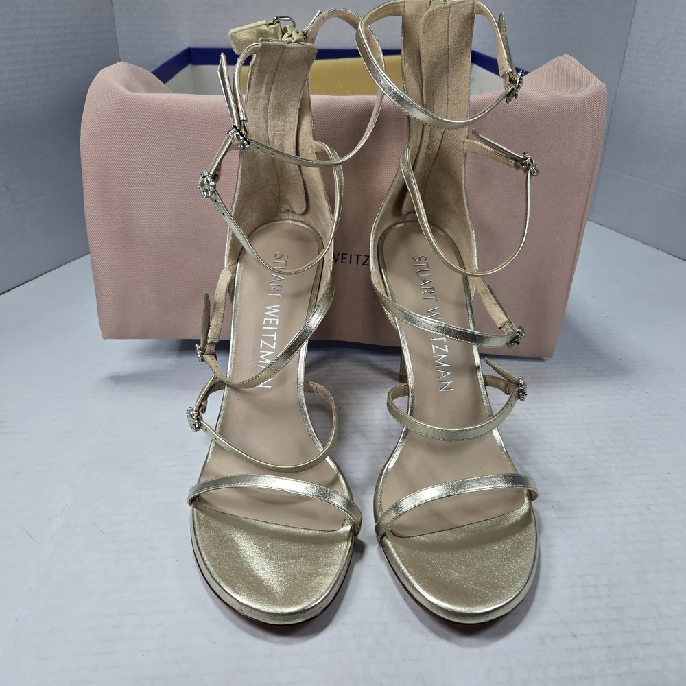 Stuart Weitzman Nudist Geo Crystal Geo Buckle 100mm Metallic Heels Size 10 1/2 - Picture 3 of 14